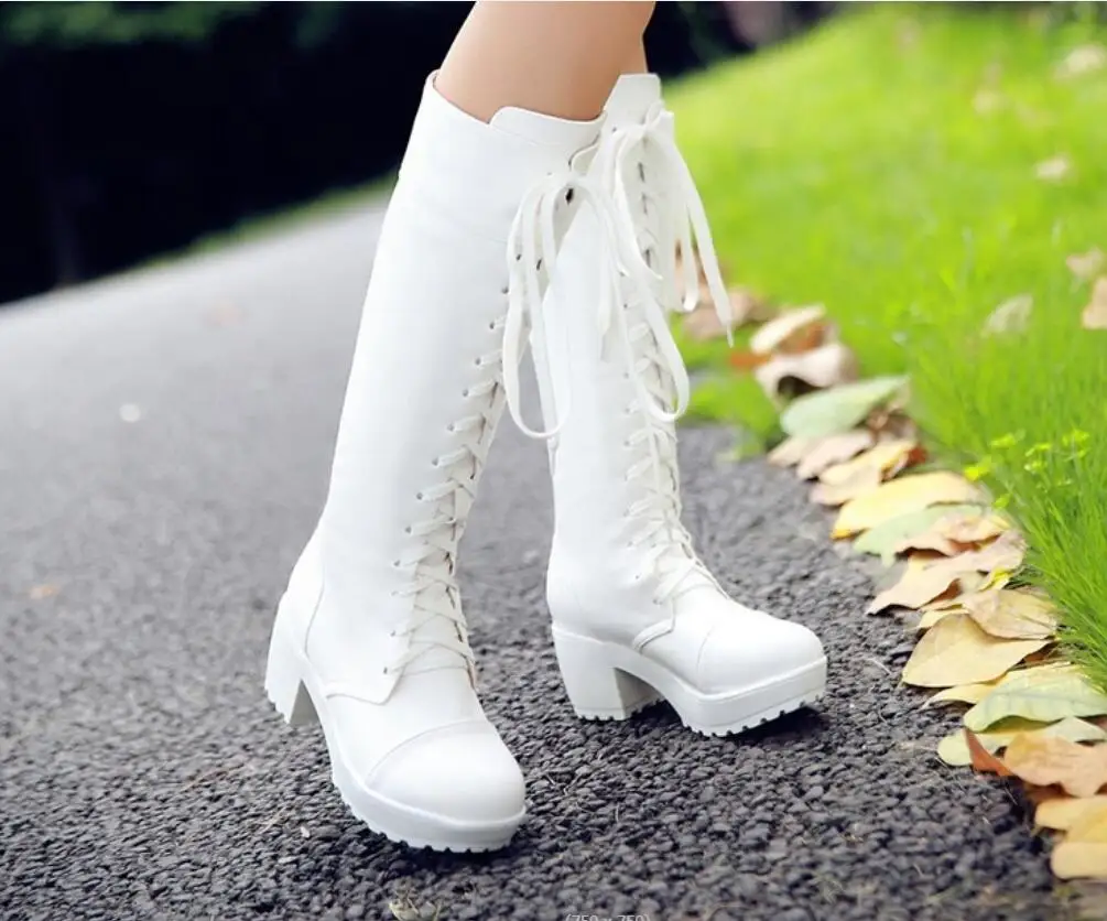 Women Over The Knee Boots Pu Leather Warm High Shoes for Women Casual Lace-Up Keep warm Pointed Toe Elasticity Boots Large size