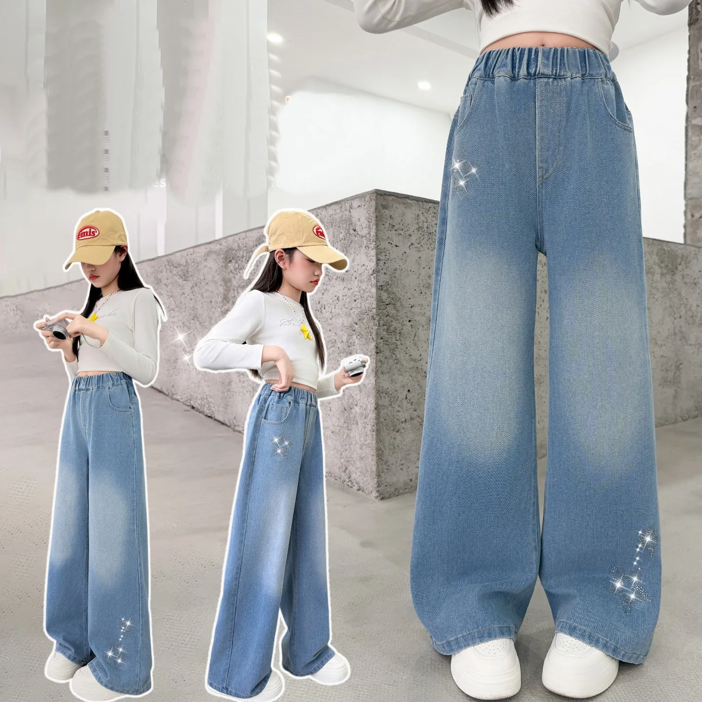 Girls Fashion Jeans Spring Autumn Child Wide Leg Denim Pants with Rhinestone Five-Pointed Star Kids Teen Straight Loose Trousers