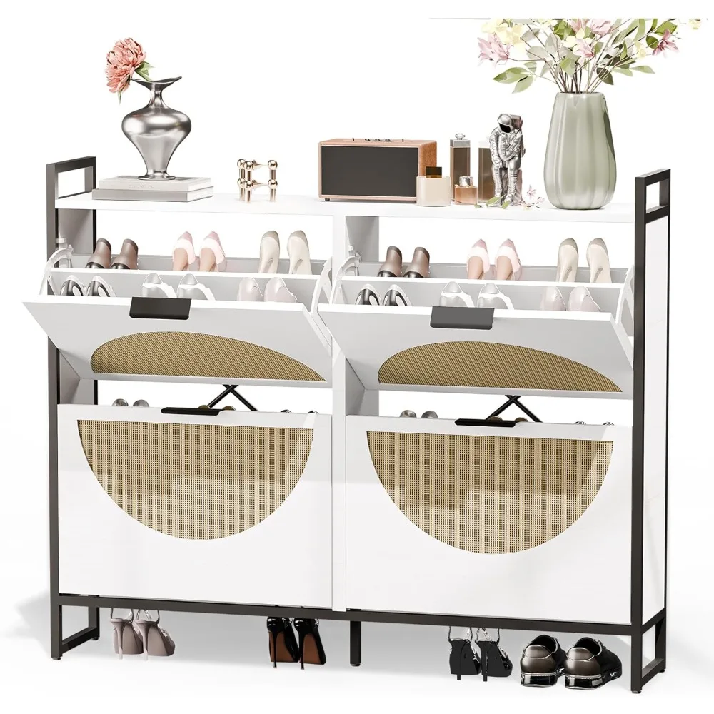 

Шкаф для хранения обуви из ротанга для прихожей с 4 откидными ящиками, большой отдельно стоящий шкаф-органайзер со скрытой узкой полкой для обуви 47 дюймов с