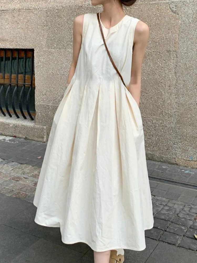 2024 Spring Solid Elegant Sundresses French Y2k Dress Korean Fashion O-Neck Midi Dress Office Women Casual Dress with Pockets