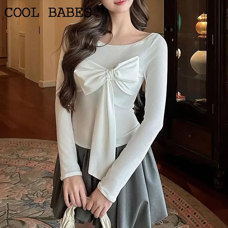 Spring Women's T-shirt O-Neck White Long Sleeves Fashion Bow Casual Slim Warm Female T-shirt Sexy Streetwear See Through Tees