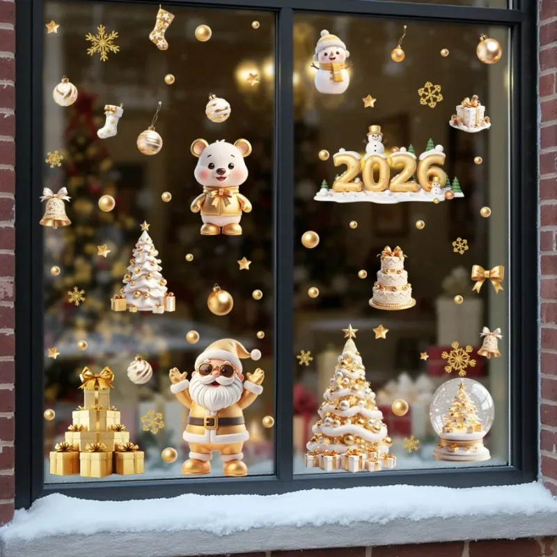 9 Stück goldene Weihnachtsmann-Schneemann-Fensteraufkleber, wiederverwendbar, statisch haftende Aufkleber für Kinderzimmer, Zuhause, Weihnachtsdekoration, abnehmbar, keine Rückstände