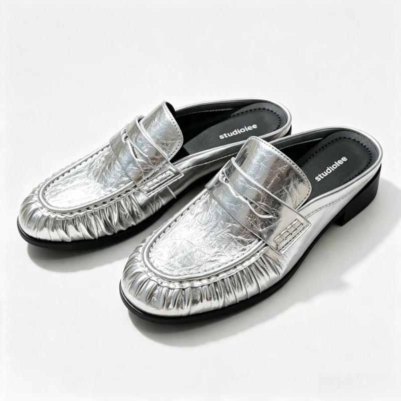 Mocasines con diseño plisado y patrón metalizado único, sandalias de tacón bajo con punta redonda para mujer, zapatos informales cómodos y concisos