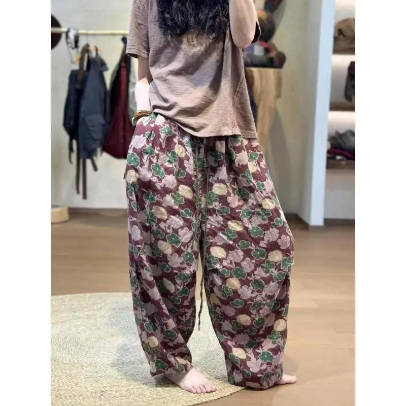 

Spring Summer New Arts Style Women Elastic Waist Loose Ankle-length Pants Flower Print Cotton Linen Harem Pants Good Quality D34