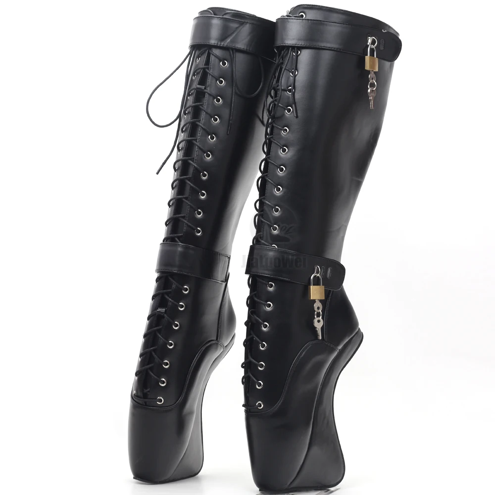 CACA BDSM Women Knee Ballet Boots,18cm Hoof Heelless Fetish Booties,Men Dance Shoes,Padlocks High Botas,Custom Colors,Dropship