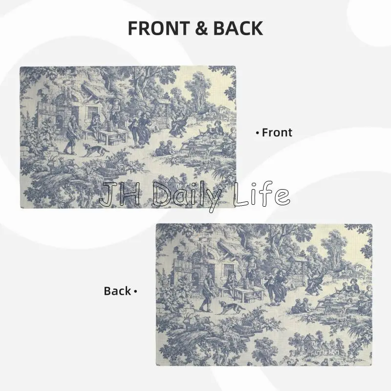 French Toile De Jouy Placemats Sets of 4 Waterproof Heat Resistant Linen Table Mats for Home Party Dining Table Decor 12x18 Inch