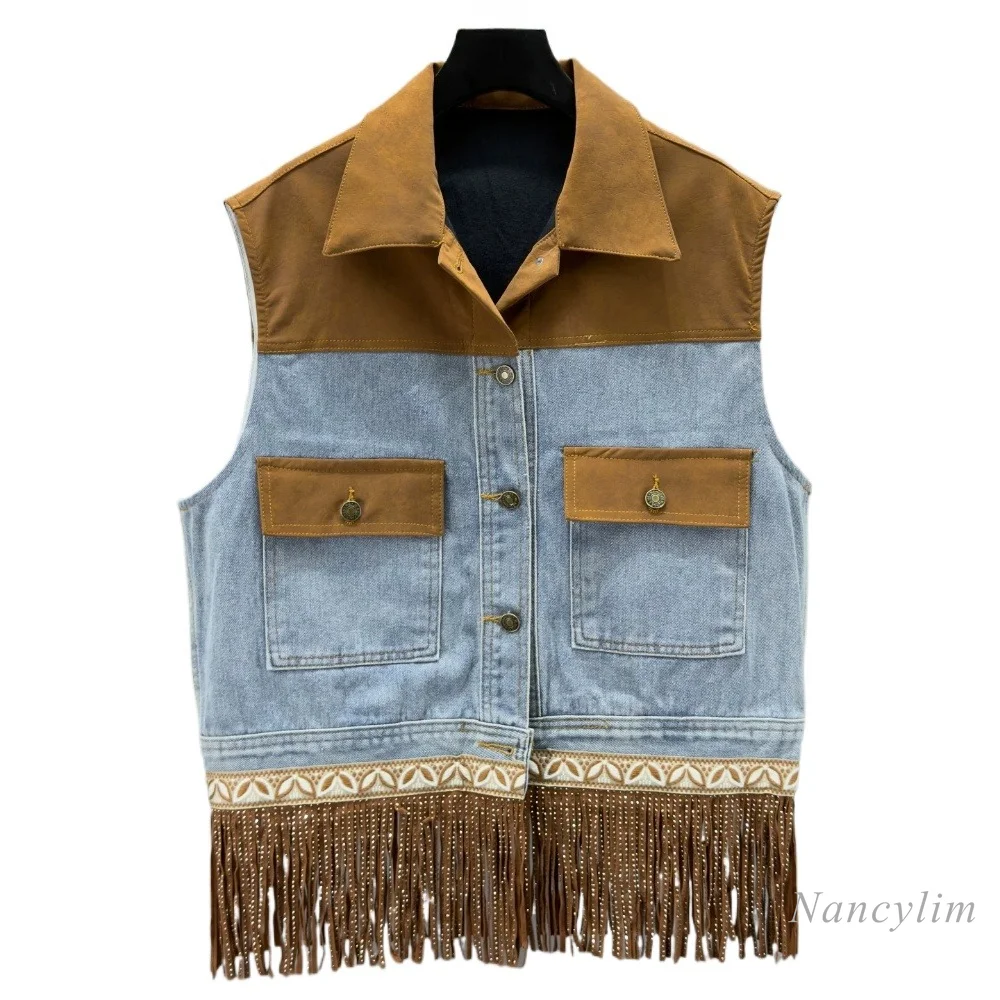 Tassel Hot Diamond Denim Outwear, Women's 2026 Autum New Arrival Loose Slimming Lookins European Distressed Sleeveless Vest