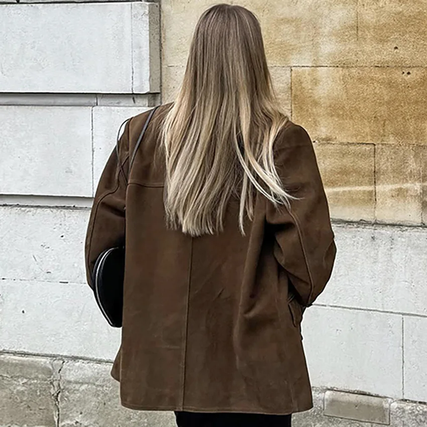Vintage Brown Faux Suede Loose Blazer for Women Notched Lapel Single Breasted Office Commute Casual Jacket Female Outerwear