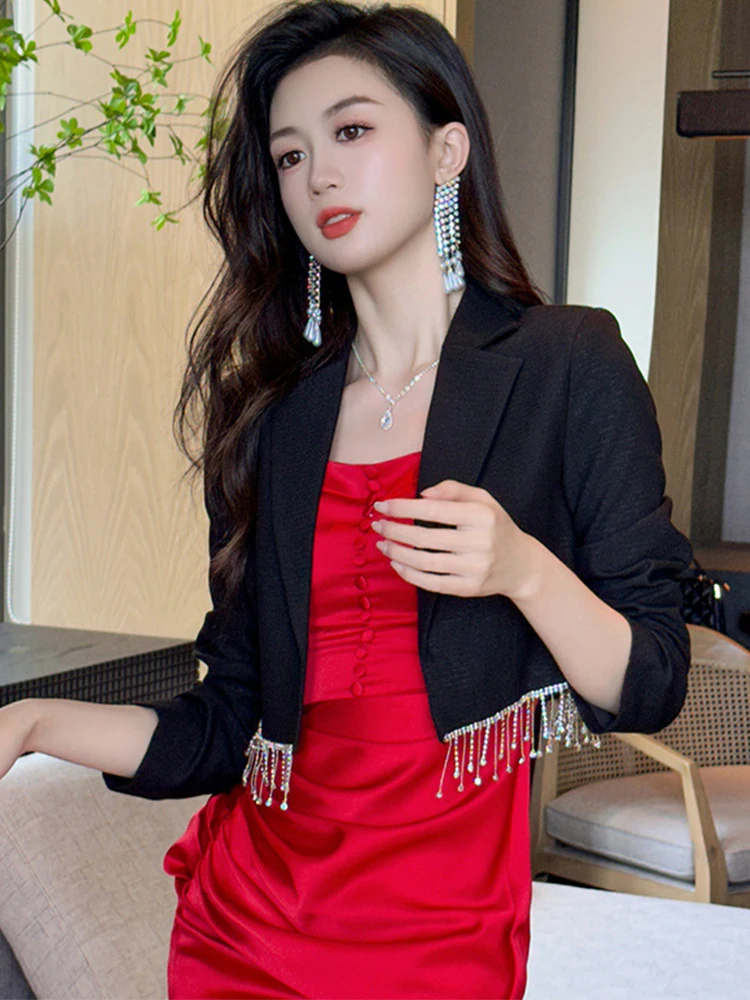 

New Fashion Design Chic Summer Elegant Office Women Suit Black Formal Diamond Tassel Short Coat Blazer Jacket Lady Mujer Outwear