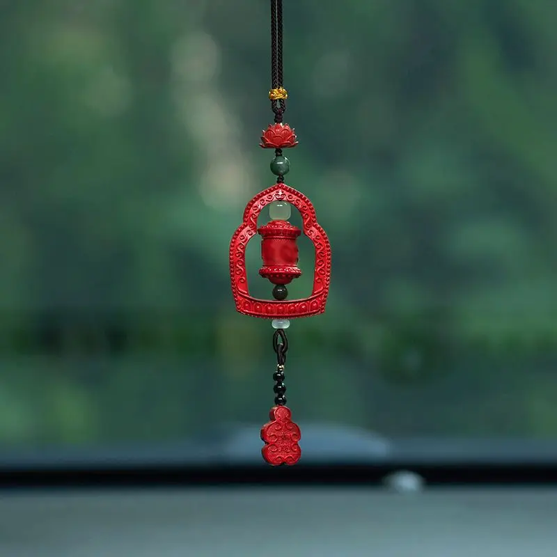 Chinese Style Lucky Cinnabar Rotatable Prayer Wheel Car Hanging Rearview Mirror Ornament Blessing Good Luck Wealth Protection