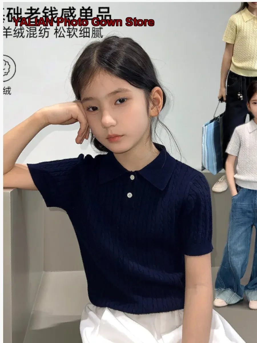 Girls Knit Top Kids Autumn Round Neck Cotton Merino Wool Ribbed Short Sleeves T-Shirt Solid Color Soft Skin-Friendly Medium-Larg