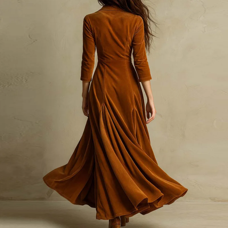 2025 Spring Fall Casual Women Suit Collar Velvet Long Dress 2025 New Slim Elegant Office Lady Fashion Solid Velour Dresses