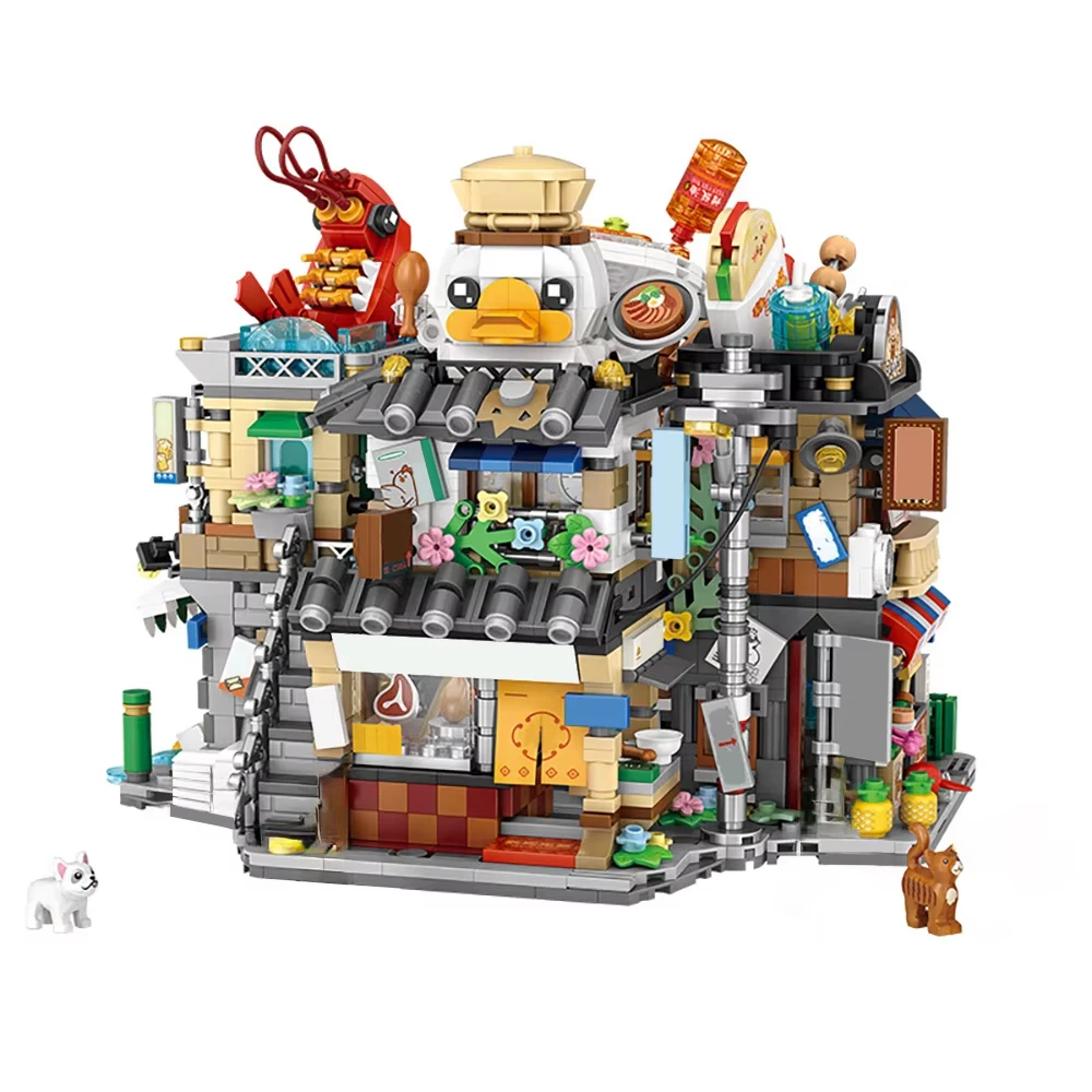 ToylinX Street View مكعبات بناء صغيرة مركزة في المتاجر الصينية نماذج هدايا للأطفال ألعاب محلات معكرونة الأرز