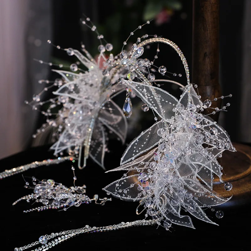 New Bride Headwear Handmade Lace Fairy Crystal Beaded Crown Wedding Hairbands