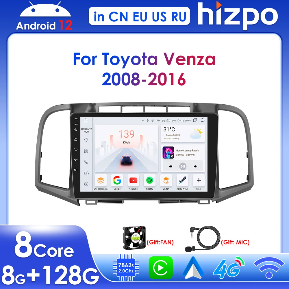 Hizpo 9'' for Toyota Venza 2008-2016 2 Din Car Radio Carplay Multimedia Video Player Navigation Stereo GPS Android 12 4G NO DVD