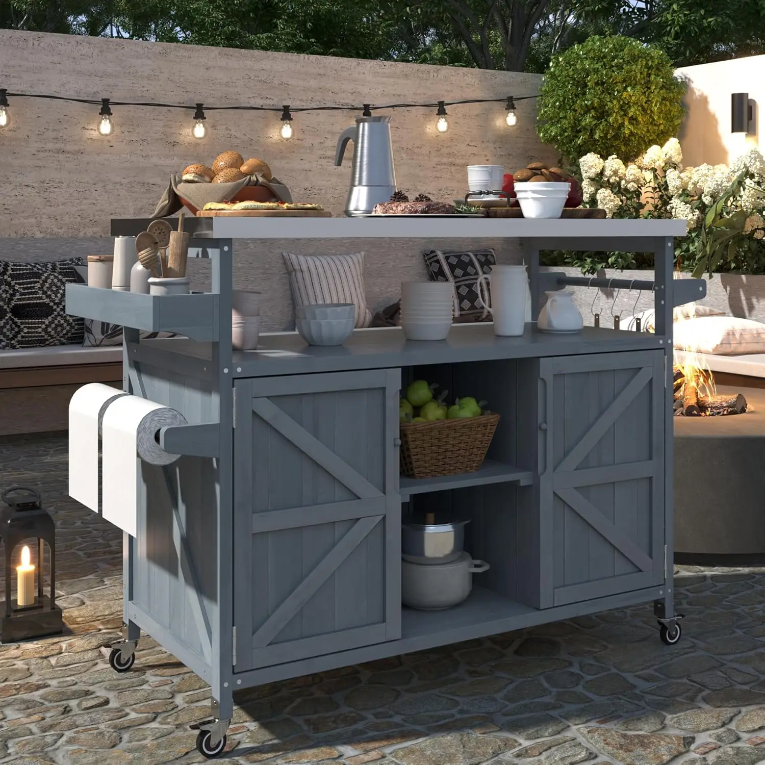 Isola da cucina per esterni, carrello e armadietti con barra avvolgibile, piano in acciaio inossidabile, portaspezie, portasciugamani da cucina e barbecue