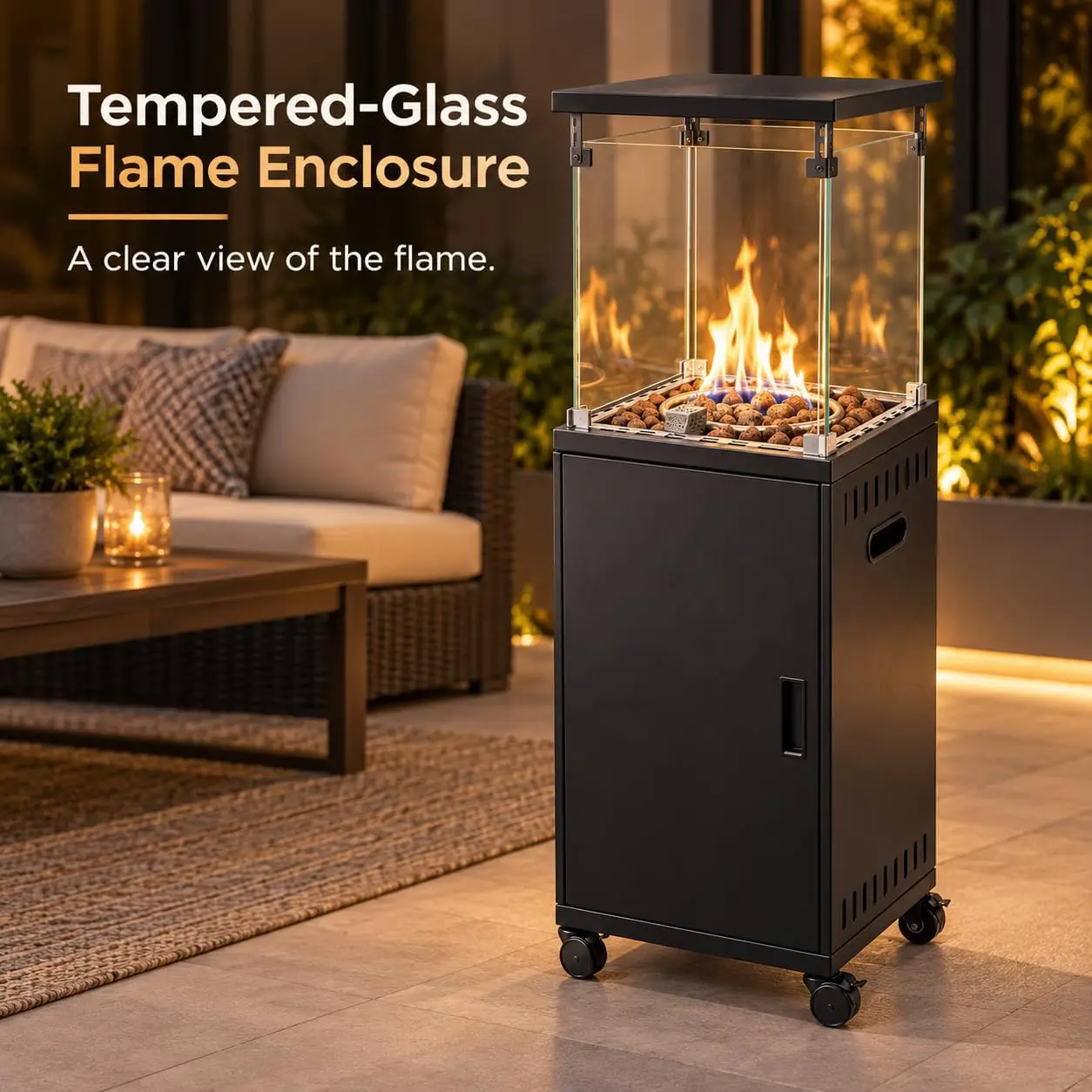 Outdoor 50,000 BTU Propane Glass Pit Patio Heater on wheels Fire Lava Rocks