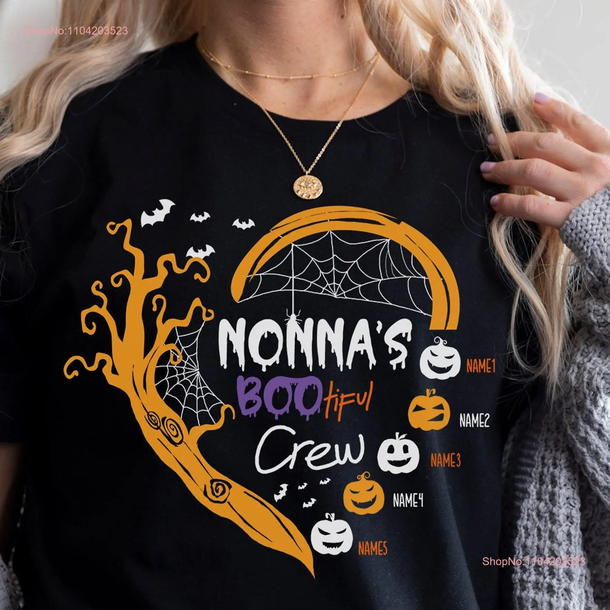 Nonna Bootiful Crew Grandma Halloween T Shirt Personalized With Grandkids Names Spooky long or short sleeves