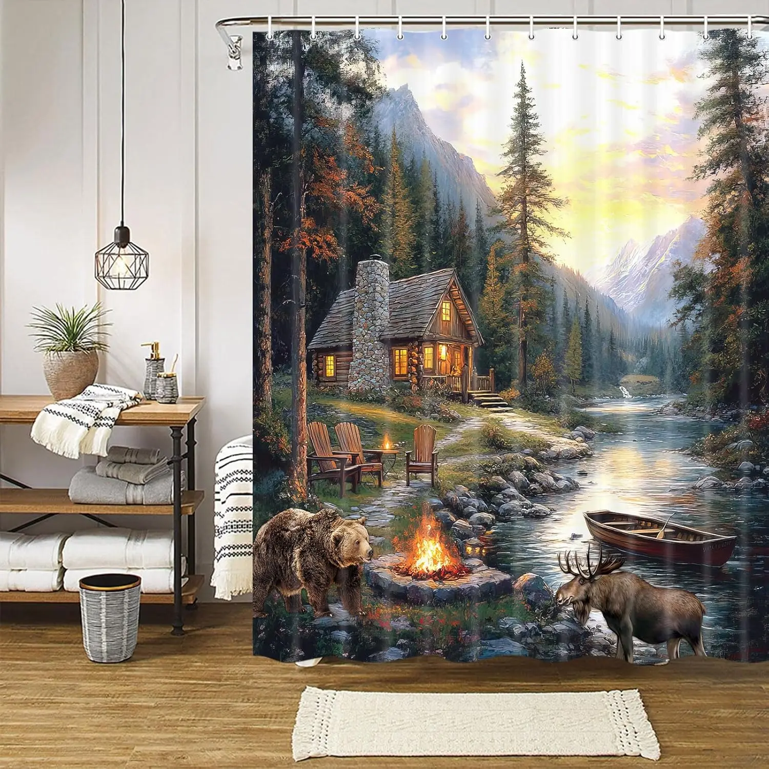 ريفي المقصورة لودج دش الستار مع الدب موس، كامو نهر بحيرة الغابات الحياة البرية ستارة حمام الصيد مخيم الغابات الريفية