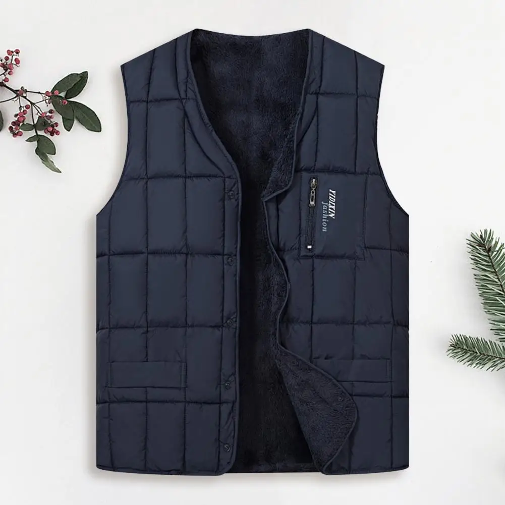 Men Base Layer Vest Quilted V-neck Men's Waistcoat with Zipper Pockets Plush Lining Sleeveless Thermal Vest Jacket for Winter