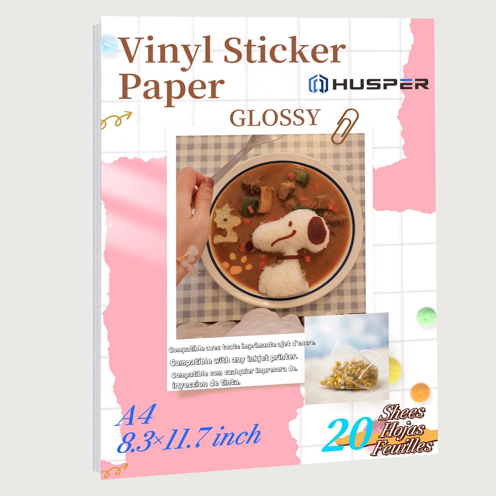 

HUSPER 8,3 × 11,7 дюйма, 20 листов, глянцевая виниловая наклейка для печати, водонепроницаемая бумага для наклеек для струйного принтера
