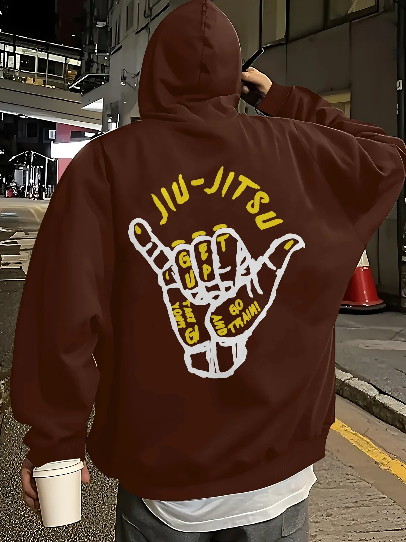 Herren Oversize Hoodie in Schwarz, BJJ Jiu Jitsu Surf Handgestusstraining, Zitat auf der Rückseite, Grafik, Hip Hop Sweatshirt, Streetwear – Detail 9