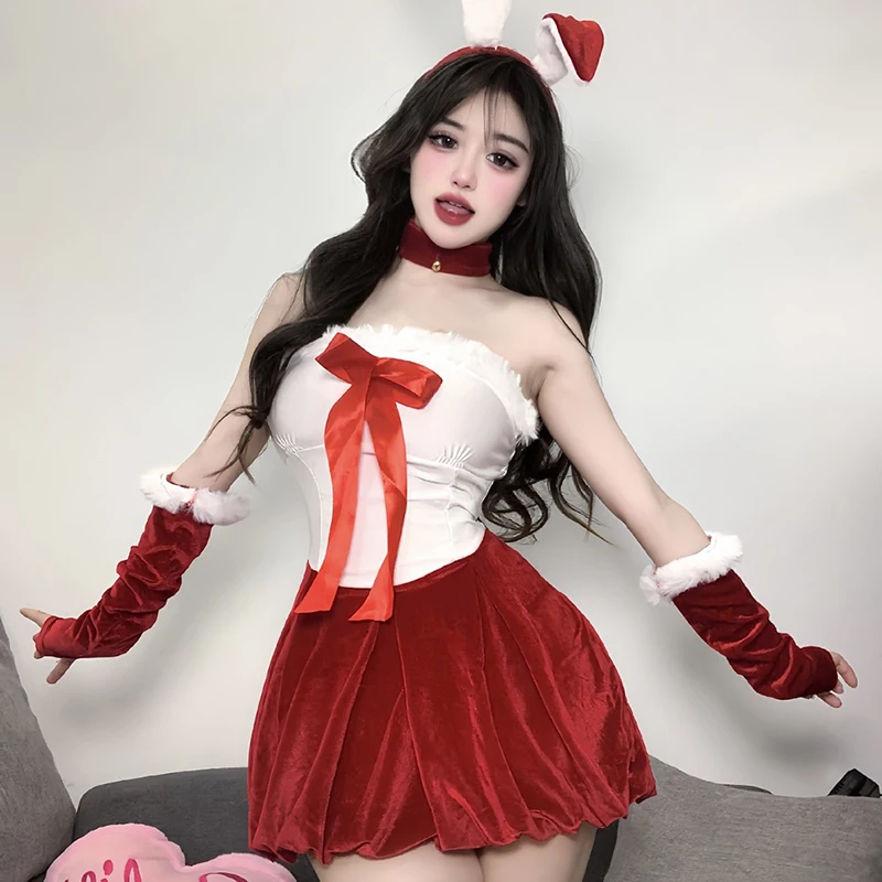 

Sweet Lolita Red Christmas Dress Sexy Bunny Girl Cosplay Costume New Year Outfits Plush Bow Party Halloween Nightwear Club Suit