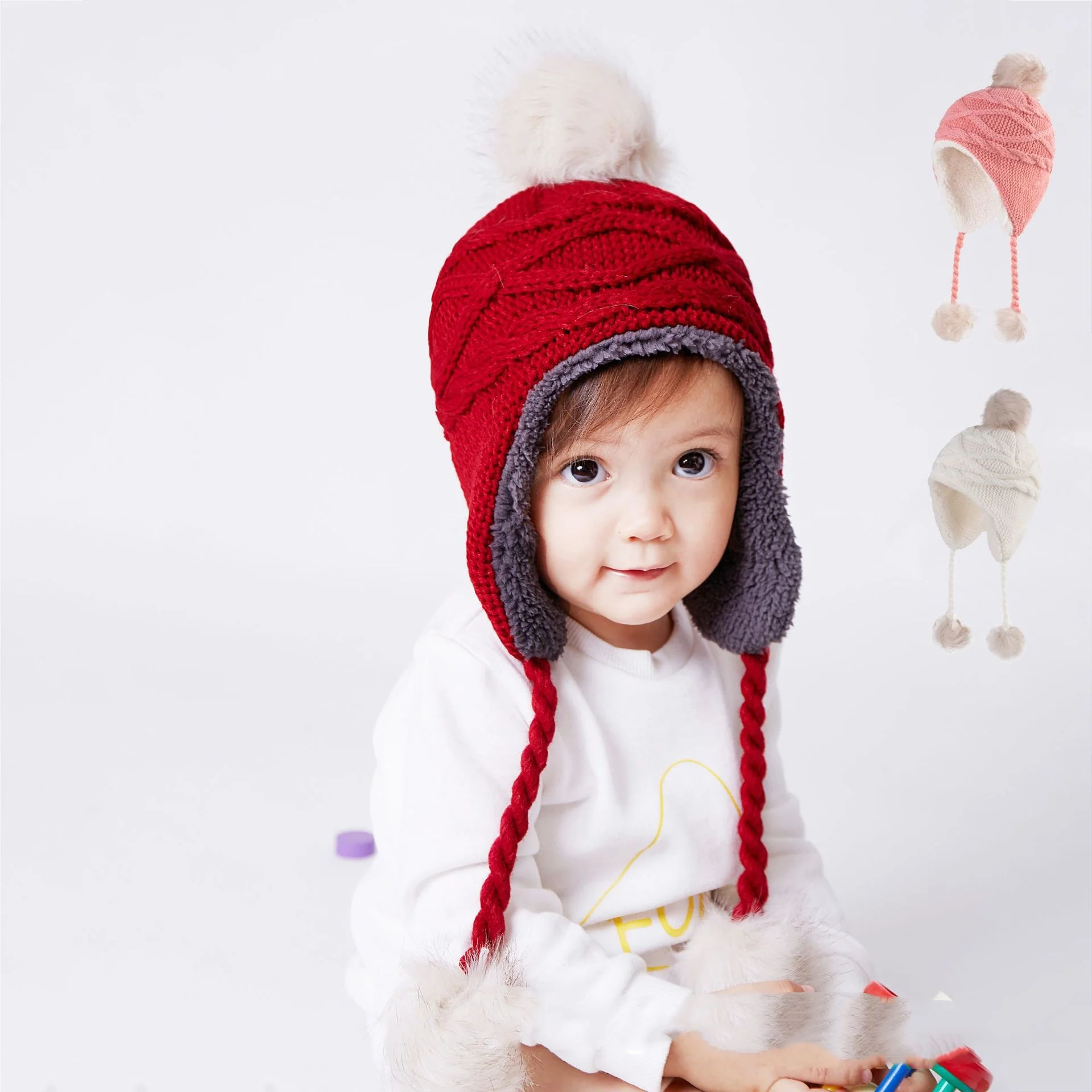 

Children Hat Knitted Wool Hat Winter hairball Outdoor Ear Protection Caps Plush Ball Hat For Baby Boys Girls 2024 Kids Clothes