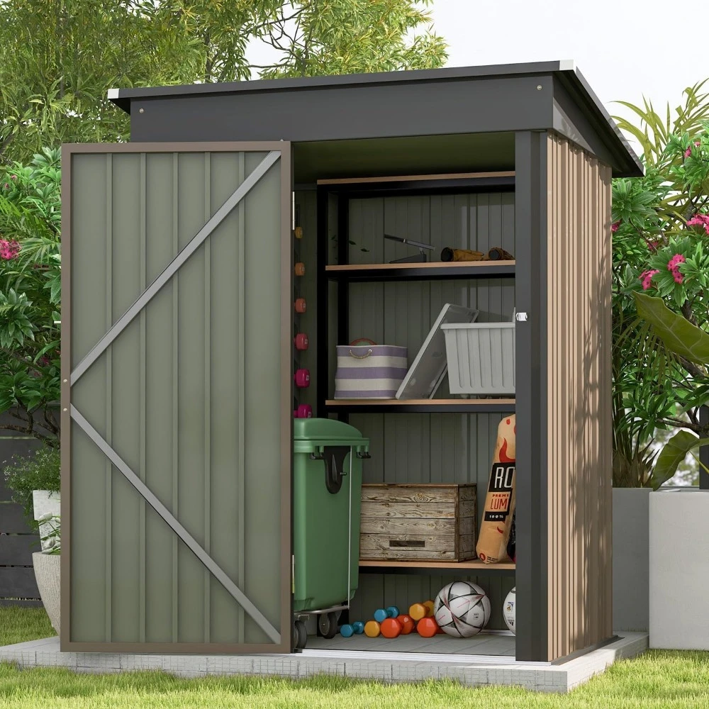 

Outdoor Storage Shed with Sloping Roof, Lockable Tool, Metal Shed, Suitable for Backyard, Garden, Terrace, 5x3 Foot