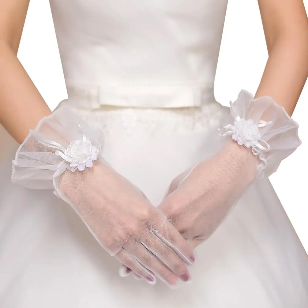 Guantes de dedo de gasa elástica para mujer, longitud de la muñeca, encaje de flores, boda, banquete de noche, fiesta de graduación