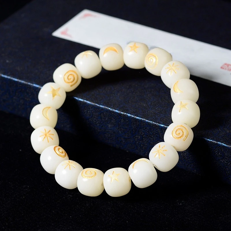 

White Jade Bodhi Bracelet, Engraved Sun, Moon and Stars Jewelry, Ethnic Style, Men's and Women's Fashion Jewelry.