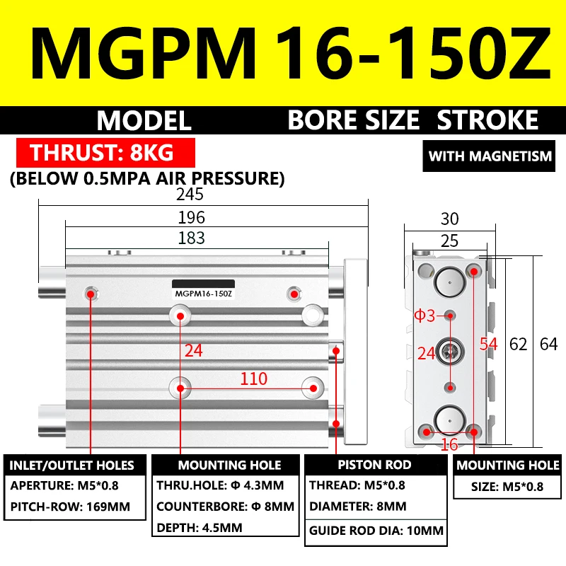 

ABILKEEN MGPM Series Pneumatic Compact Guide Cylinder MGPM16-150Z 16MM Bore X 150MM Stroke Three Axis Three Rod Air Cylinder