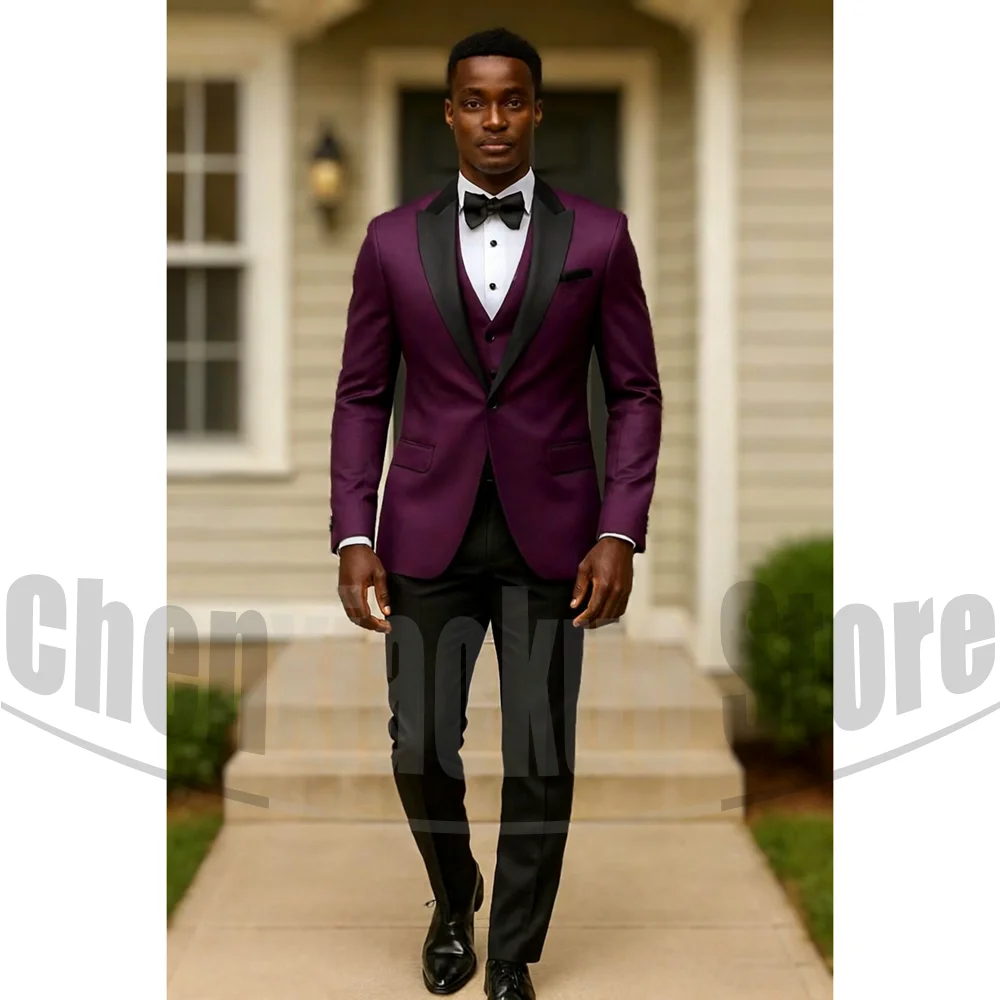 

Мужской фиолетовый и черный смокинг из трех предметов, официальный свадебный наряд для жениха с галстуком-бабочкой, модный мужской костюм на одной пуговице