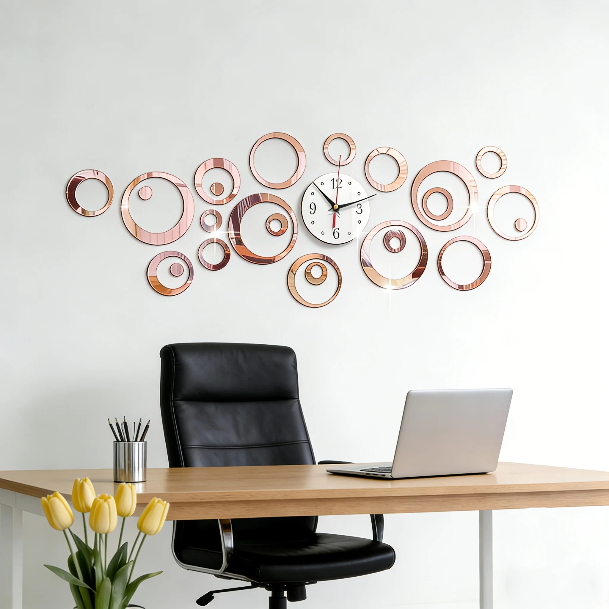 24pcs Classic Rose Gold Hollow Circle Acrylic Mirror Stickers Removable DIY Wall Art Home Bathroom Bedroom Decor Multifunctional