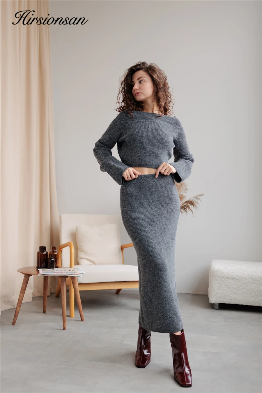 Hirsionsan Elegant Soft Vintage Women Suits 2 Pieces Female Skirt Sets Slash Neck Sweater & Skinny Midi Dress Knitted TrackSuit