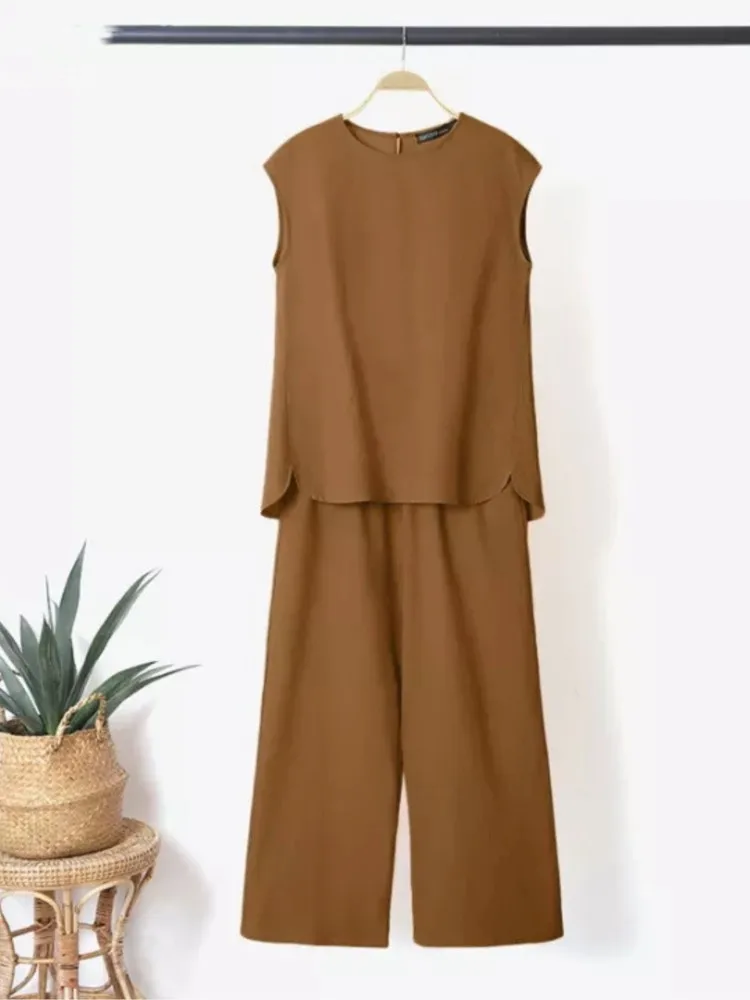 For Women Casual O-neck Sleeveless Vest Long Pants 2 Piece Sets Summer Fashion Top + Wide Leg Pant Set Elegant Office Pants Set