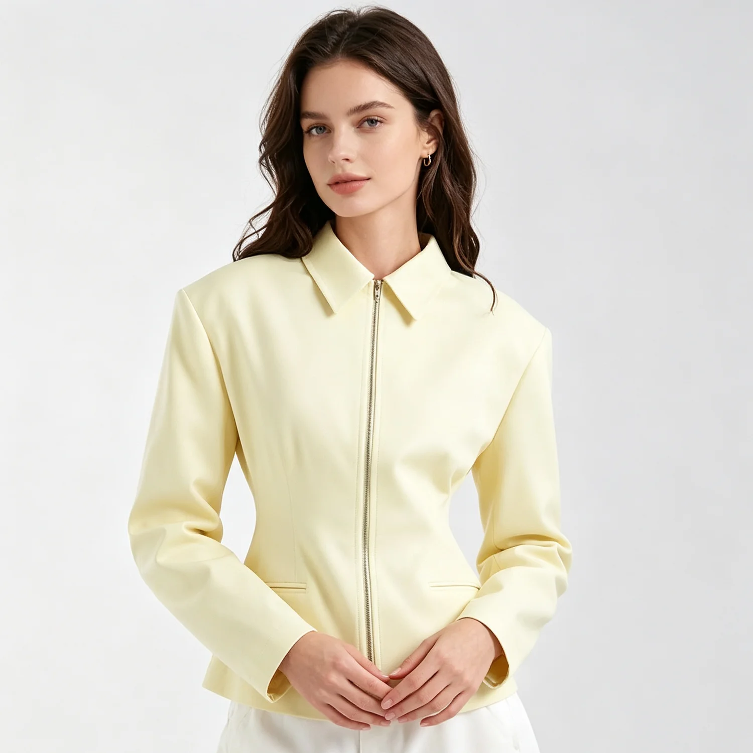 PUAL  Pale Yellow Collar Zip Jacket, Slim Waist Tailored Design, Long Sleeve Pocket Casual Women Short Coat