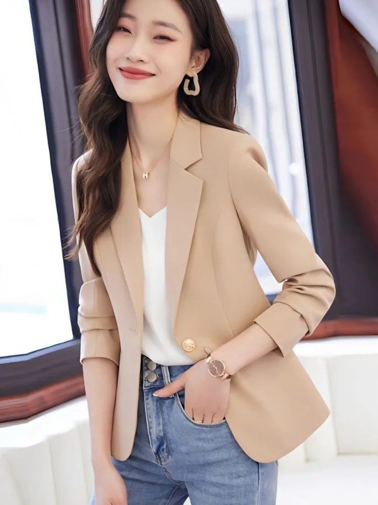 

Women Office Lady Streetwear Korean Simple Elegant All-match Solid Long Sleeve Single Breasted Chic Lapel Collar Blazer New