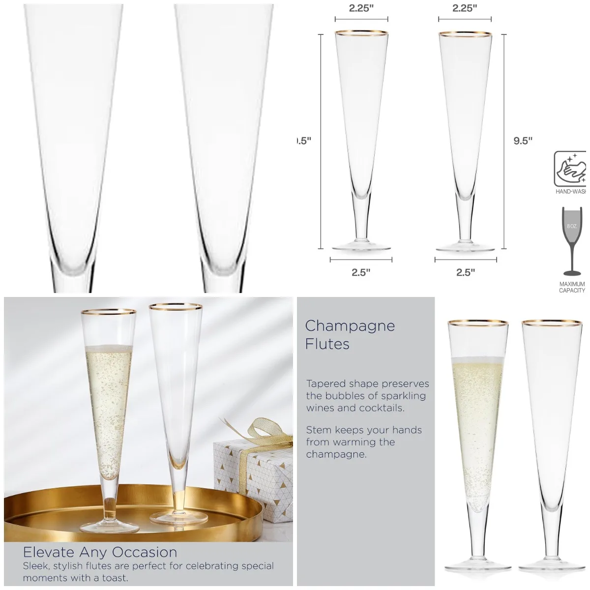 

Флейты для тостов шампанского на годовщину свадьбы с золотой оправой в подарочной упаковке, набор из 2 шт., 8 унций