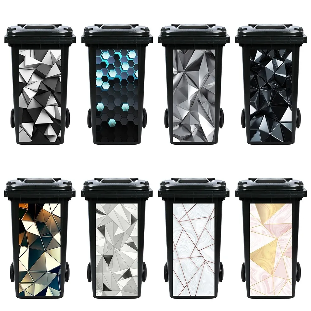 

Black Cool 3D Geometric Trash Can Sticker Removable Waterproof Decor for Outdoor Wheeled Garbage Bin Decoration