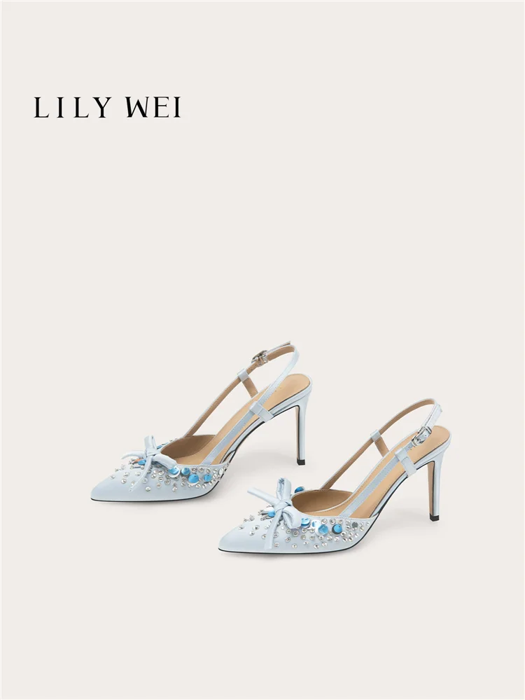 

Summer new pointed-toe satin beaded rhinestone bowknot sequin sandals banquet large size small size stiletto heels women's shoes