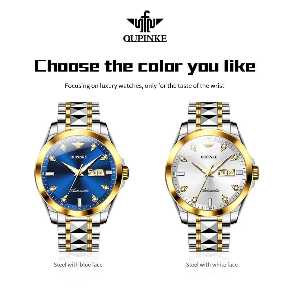 OUPINKE TOP Originale 50m Orologi da uomo impermeabili Doppio calendario Orologio meccanico automatico Orologio da polso con specchio in zaffiro luminoso