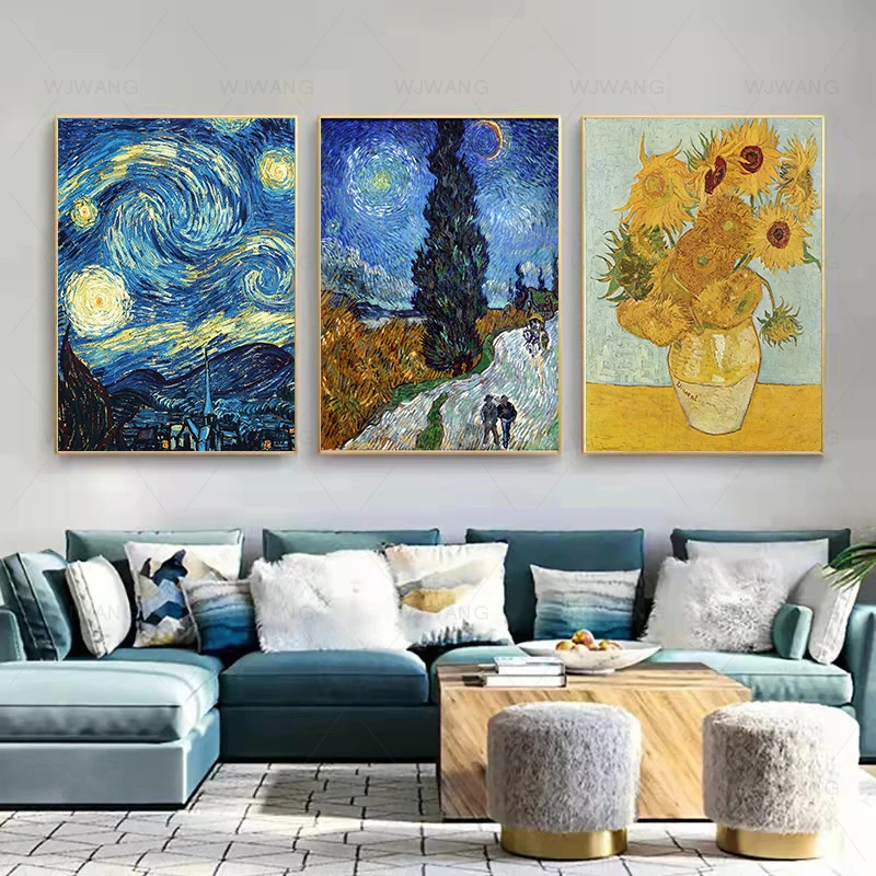 Golden Sunflower Starry Sky Canvas Paintings Vincent Van Gogh Works Poster and Print Wall Art Picture for Living Room Home Decor