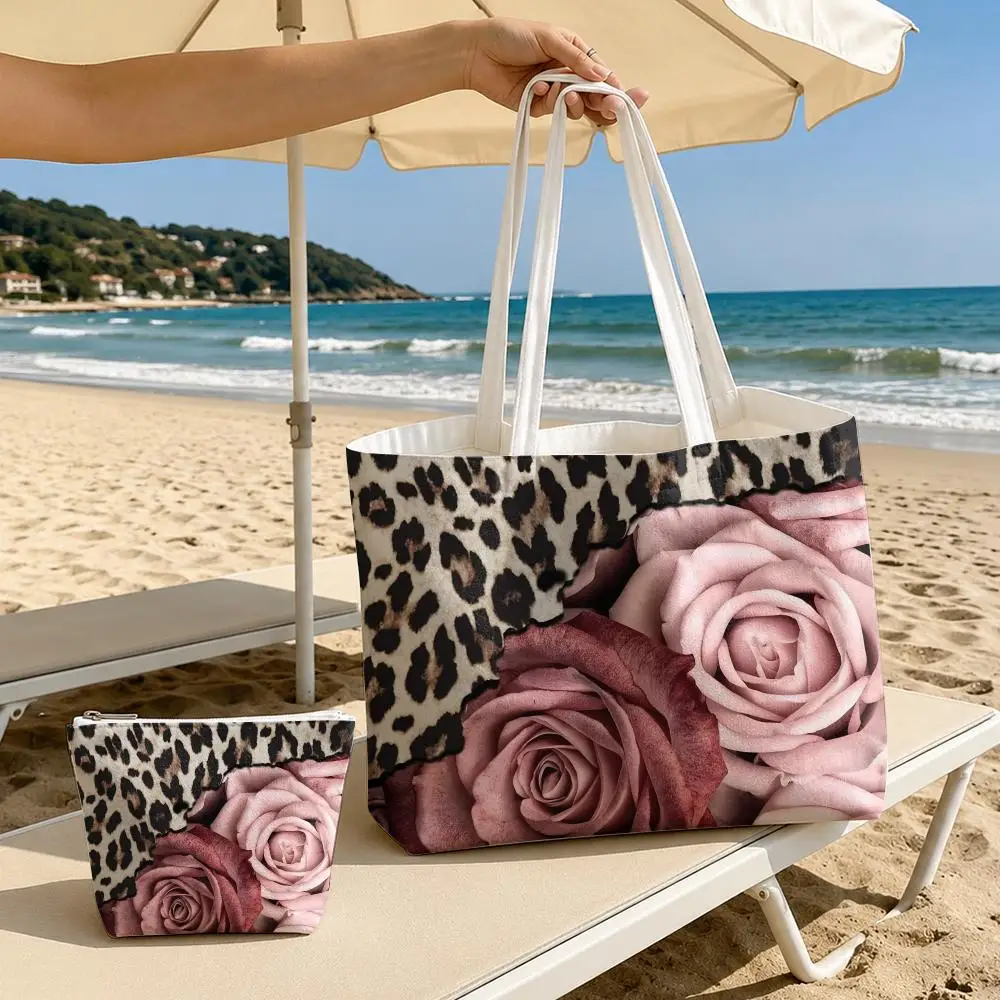 Pink Leopard Storage Bags 2-Piece Set Double-Sided Printed Canvas Tote Bags with Zipper Shopping Shoulder Handbags