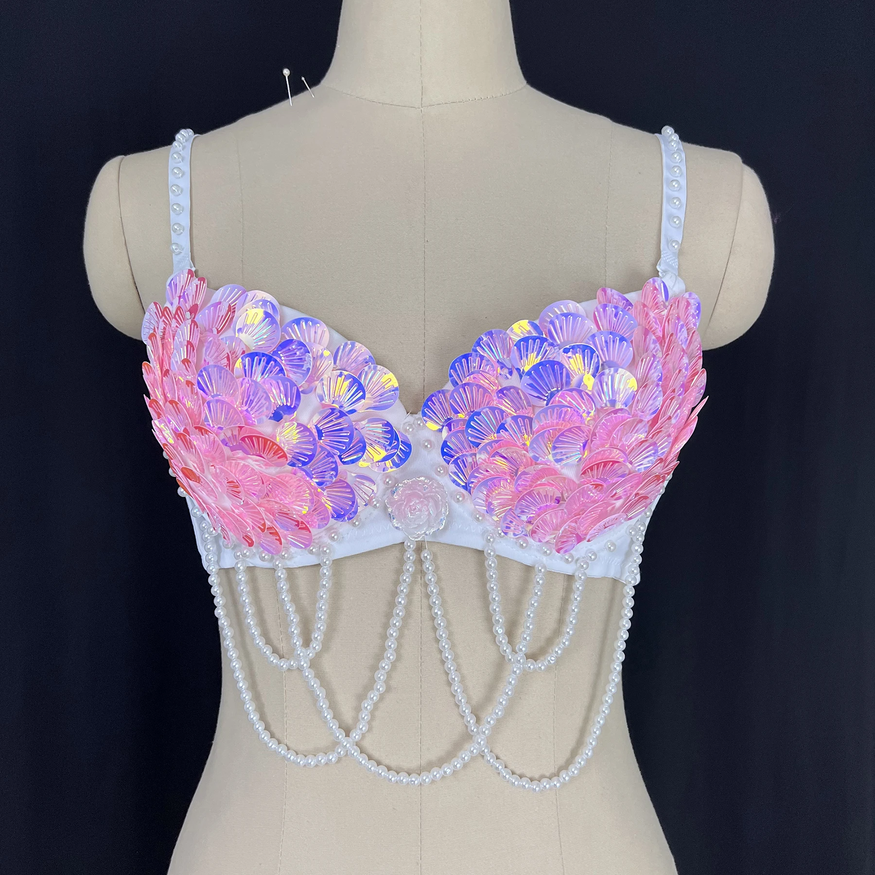 New Original Handmade Mermaid Belly Dancing Bra For Women Sequins Shell Bra For Rave Dance Sexy Night Party Top BRA Outfit Wear