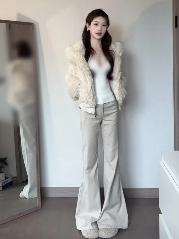 Jeans évasés rétro américains en kaki doublés pour femmes, pantalon large à taille basse, chaud pour l'hiver, pantalon cloche