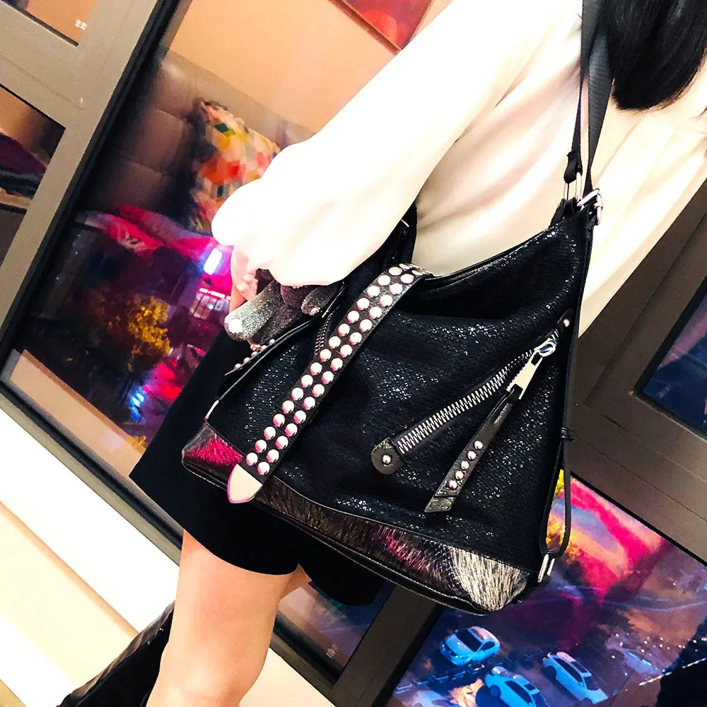 Big Capacity Lady Fashion Leather Hobo Handbag for Work Women Iridescent Paillette Shiny Rivets Roomy Laptop Daily Shoulder Bag