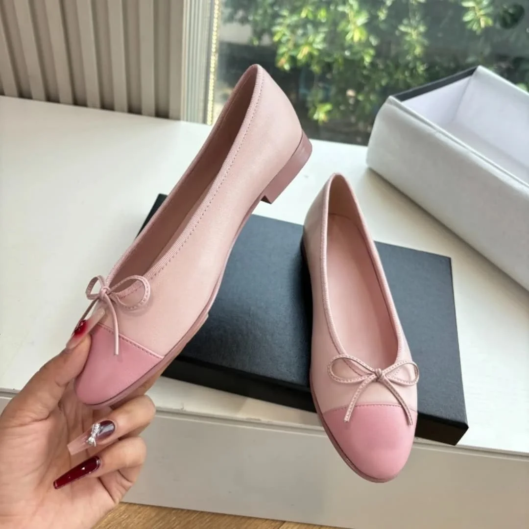 2026 Design Denim-Blazer Frühling Herbst Ballerinas Leder Runde Zehenkappe Schleife Bequeme Größe Passend Damenschuhe Ballettschuhe