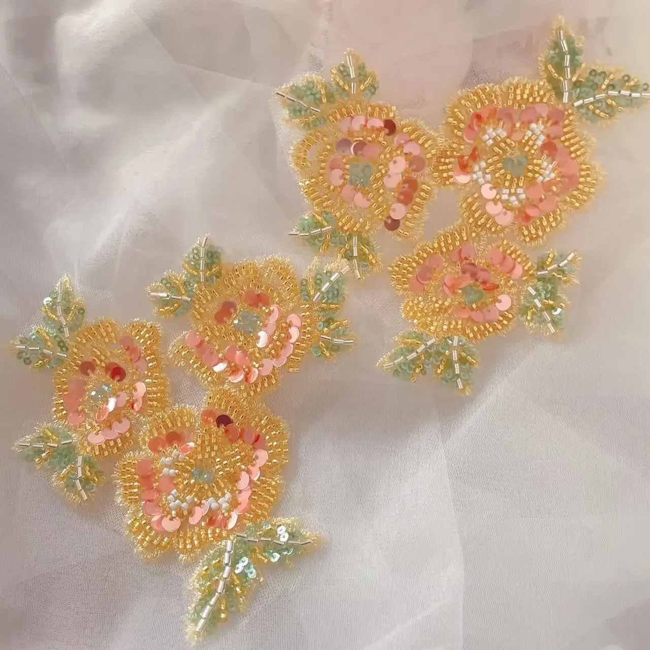 Multicolor Golden Bead Rose, Shining Sequins Applique, Embroidery Patches, Sewing Handmade. DIY Jewelry Materials RS24667