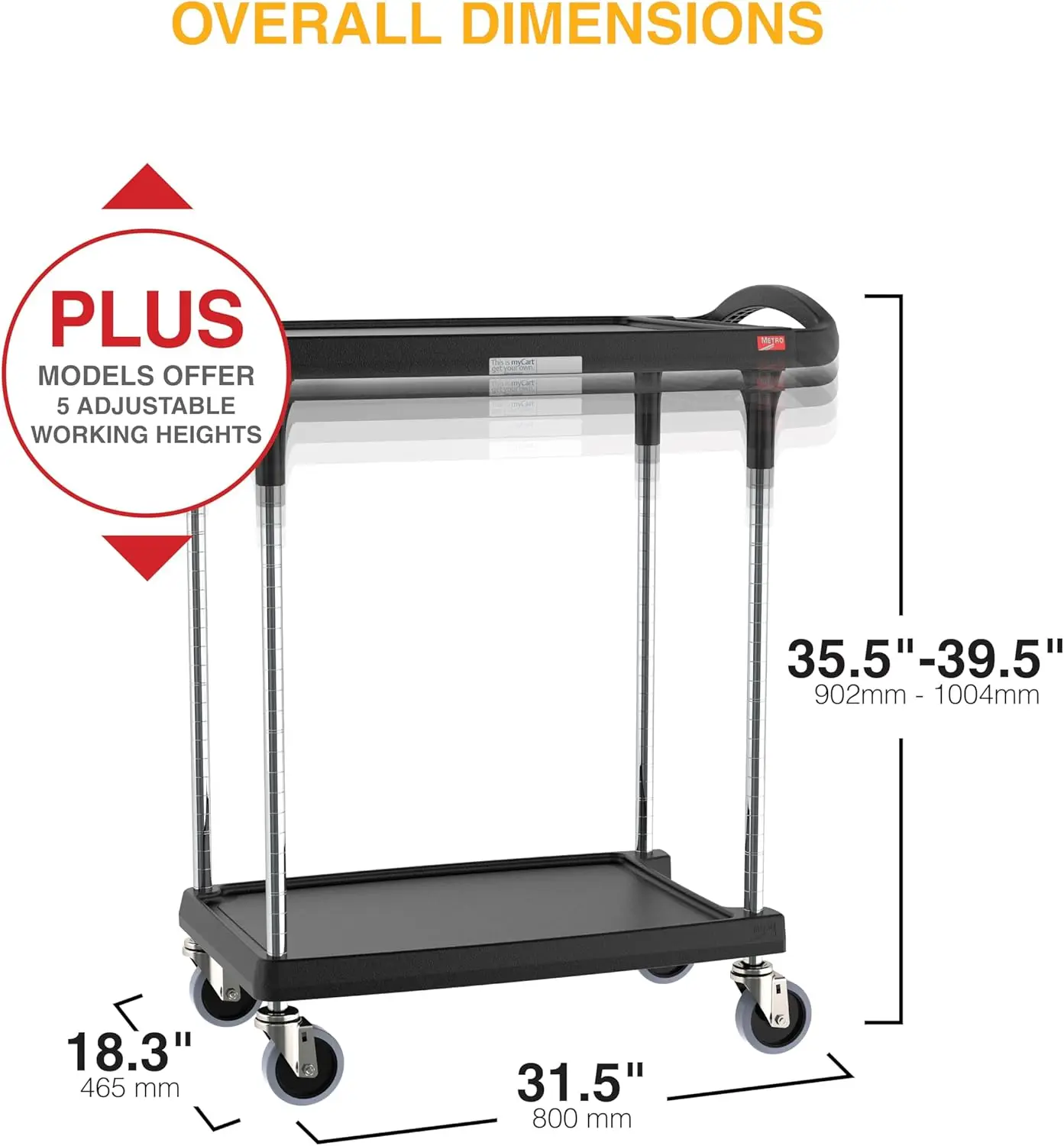 Metro Mycart Plus Utility Cart - Choose-Your-Height Adjustable Heavy Duty Rolling Cart For Home, Commercial And Industrial Use